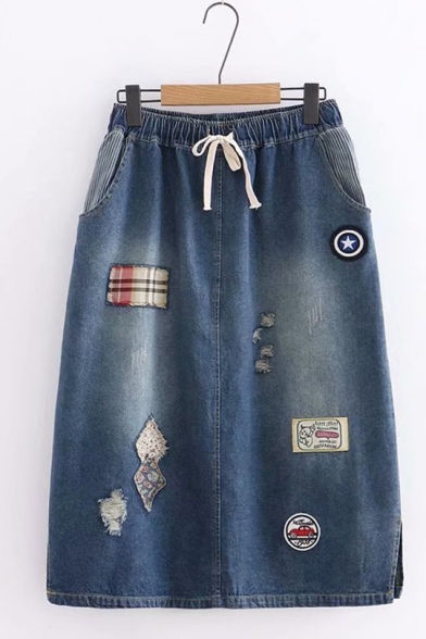 Blue Elastic Waist Slit Side Ripped Car Shield Cartoon Embroidered Straight Midi Denim Skirt