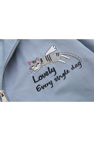 Cartoon Cat Embroidery Long Sleeve Hooded Zip Up Sport Loose Jacket