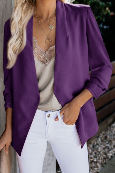 Chic Solid Color Collarless Open Front Long Sleeve Blazer Coat