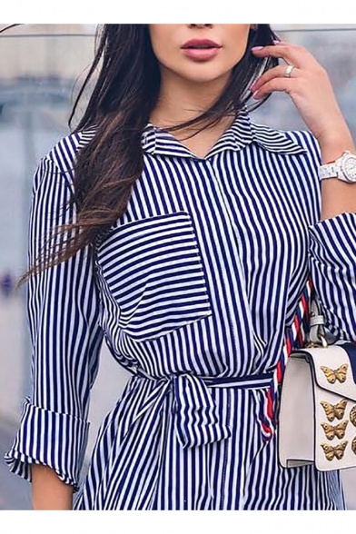 Classic Fashion Blue Stripe Printed Long Sleeve Tied Waist Mini Shirt Dress