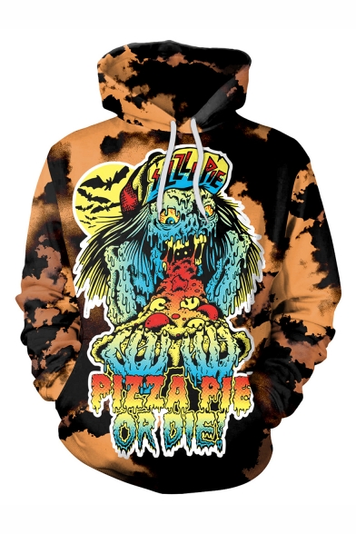 Cool Fashion Brown Tie Dyeing Letter PIZZA PIE Skull 3D Printed Drawstring Hooded Long Sleeve Punk Hip Pop Style Loose Hoodie