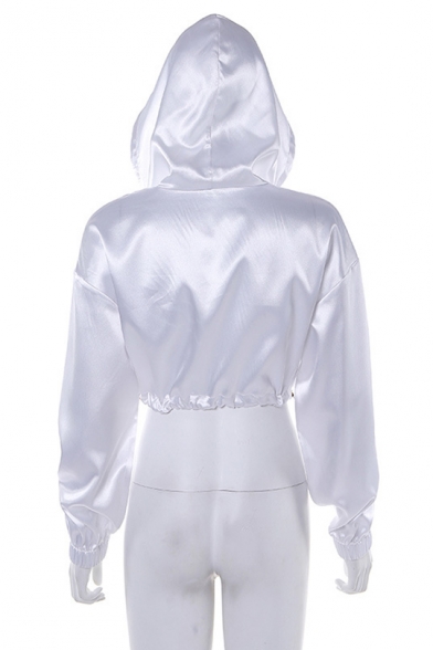 Cool Solid Color Long Sleeve Drawstring Hem Zip Up Hooded White Crop Jacket