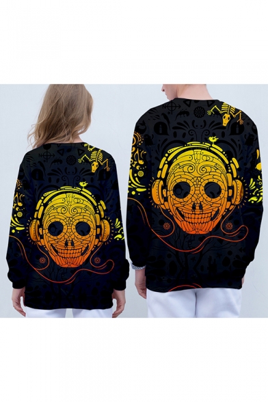 Couple 3D Skull with Earphone Printed Long Sleeve Round Neck Black Casual Pullover Sweatshirt
