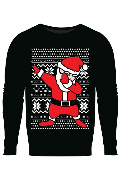 Couple Cartoon Santa Claus Printed Round Neck Long Sleeve Black Sweatshirt