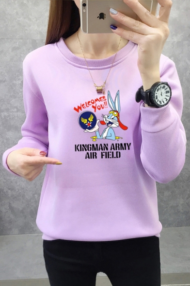 Cute Cartoon Rabbit KINGMAN ARMY AIR FIELD Letter Printed Round Neck Regular Pullover Sweatshirt