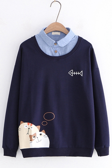 Cute Cat And Fish Print Long Sleeve Patchwork Lapel Two-Piece Button decoration Front Casual Sweatshirt