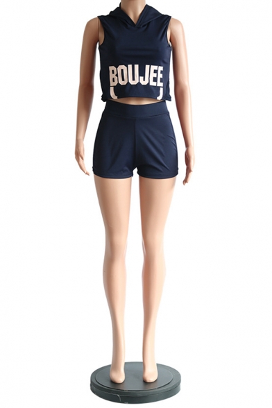 Dark Blue Letter BOUJEE Printed Sleeveless Hooded Tank with Shorts Two-Piece Set