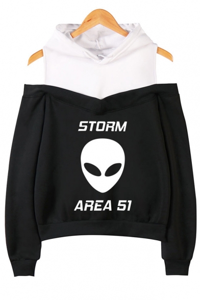 Fashion Alien Letter Storm Area Printed Cold Shoulder Long Sleeve Pullover Hoodie
