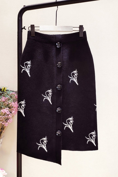 Fashion Black Simple Pattern Button Front Midi Asymmetrical Pencil Skirt