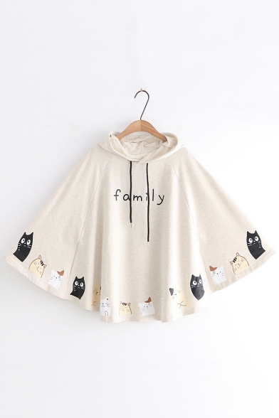Funny Cartoon Cat Printed Letter FAMILY Loose Casual Cape Hoodie