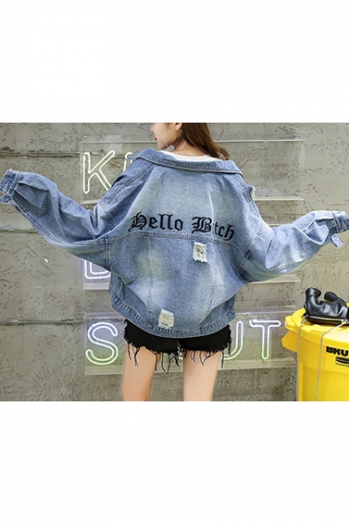 Funny Letter HELLO BITCH Embroidery Ripped Blue Button Down Denim Jacket Coat