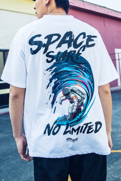 Funny Letter SPACE SURF Astronaut Printed Hip Hop Relaxed T-Shirt