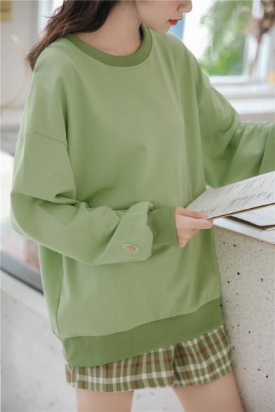 Girl's Letter Avocado Embroidered Round Neck Long Sleeve Loose Pullover Sweatshirt