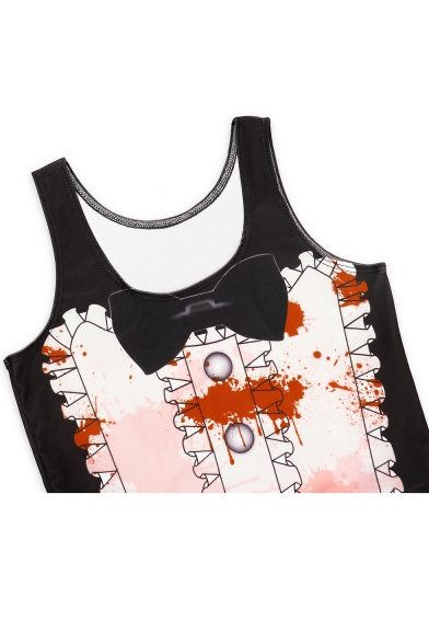 Halloween Fashion Bow-Tied Scoop Neck Sleeveless Blood Mini White Maid Cosplay Tank Dress