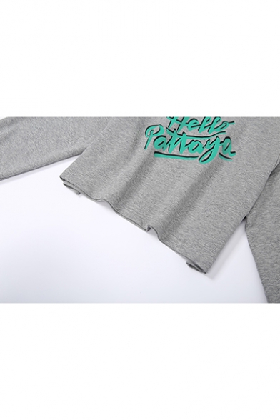 Hello Pattaya Letter Print Round Neck Long Sleeve Gray Crop Loose Pullover Sweatshirt