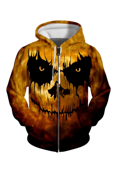 Hot Fashion Halloween Skull Printed Long Sleeve Loose Fit Yellow Casual Zip Up Hoodie