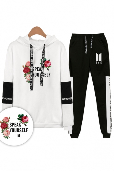 Hot Popular Letters Floral Print Patterns Long Sleeve Loose Hoodie with Sport Sweatpants Co-ords