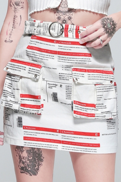 Newspaper Print Pocket Front Belted A-line Mini Skirt