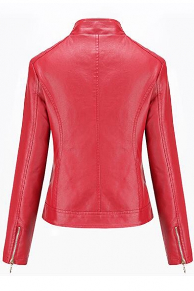 Hot Street Style Solid Plain High Neck Long Sleeve Zip Front Cropped PU Motorcycle Jacket