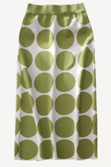 Hot Trendy Elastic Waist Polka Dot Printed Stretch Straight Midi Knitted Skirt