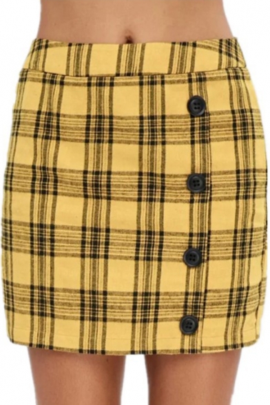 Hot Trendy Yellow Single Breasted Check Printed Holiday Mini Slim Fit Skirt