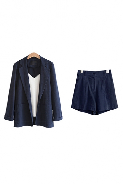 Ladies Business Style Plain Lapel Long Sleeve Tops with Tailored Shorts Two Piece Set
