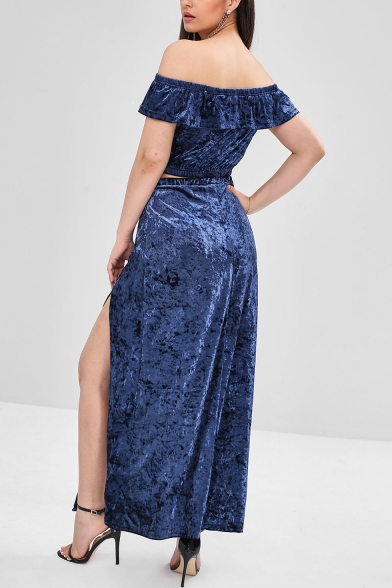 Ladies Elegant Off the Shoulder Blue Plain Velvet Short Sleeve Crop Top with Drawstring Maxi Skirt Split Sides Co-ords