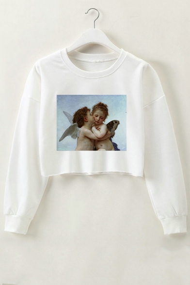 Lovely Angel Baby Pattern Round Neck Long Sleeve Crop Pullover Sweatshirt