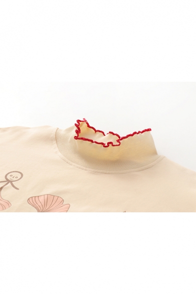 Maple Leaf Japanese Pattern  High Neck Lace Up Bow Tie Long Sleeve Khaki Casual Loose Sweatshirt