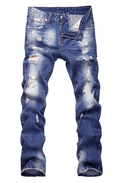 Men's Cool Fashion Denim Washed Regular Fit Casual Frayed Ripped Jeans