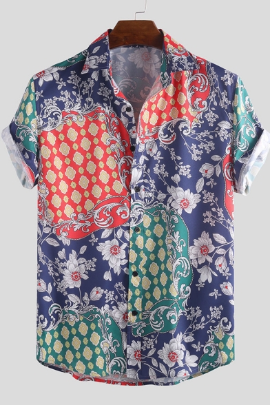 Men's Fashionable Cool Floral Pattern Basic Short Sleeve Button Up Beach Shirt