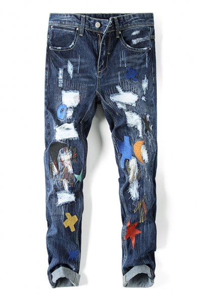 Men's Hot Fashion Colorblock Letter Moon Star Embroidered Stretched Regular Fit Distressed Ripped Jeans