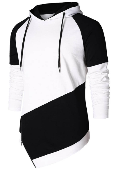 Men's New Stylish Colorblock Patched Irregular Hem Drawstring Hooded Black and White Casual Sports Hoodie