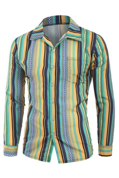 Lutratocro Mens Printed Lapel Neck Striped Long Sleeve Button Down Shirts 