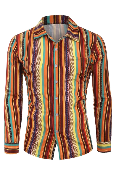 Men's New Stylish Vintage Striped Printed Lapel Collar Long Sleeve Casual Button-Up Shirt