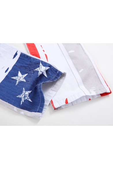 Men's Popular Fashion American Flag Printed White Casual Slim Jeans