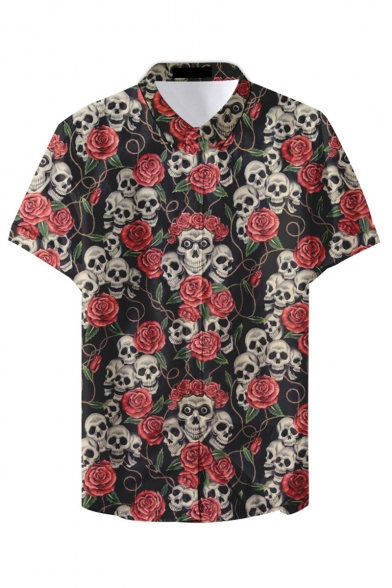 Mens Hot Fashion Unique Skull Pattern Basic Short Sleeve Button Up Beach Nightclub Shirt