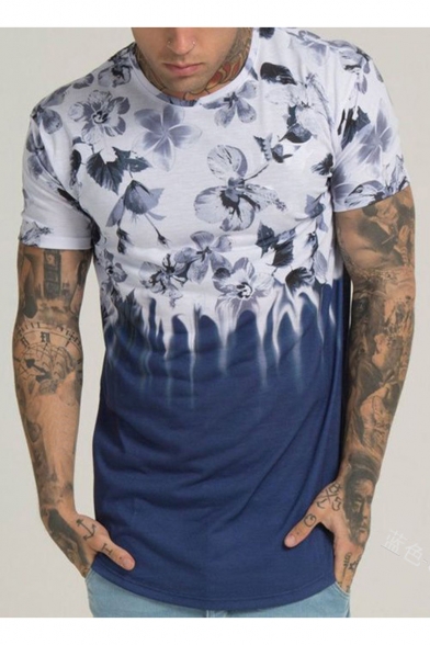 Mens Hot Popular Round Neck Short Sleeve Floral Printed Colorblock Leisure Tee