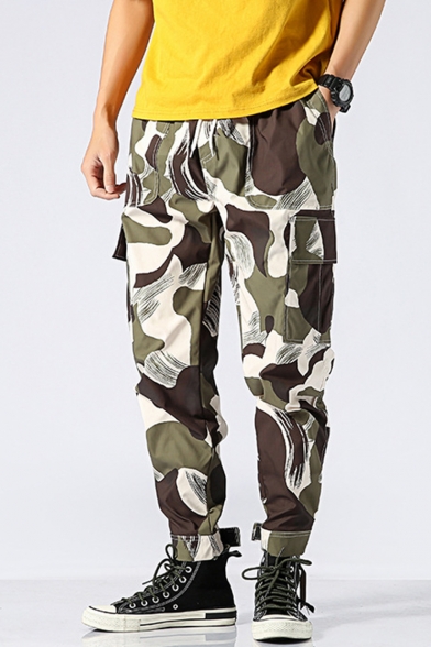 Mens New Stylish Unique Camouflage Printed Drawstring Waist Army Green Trendy Cargo Pants