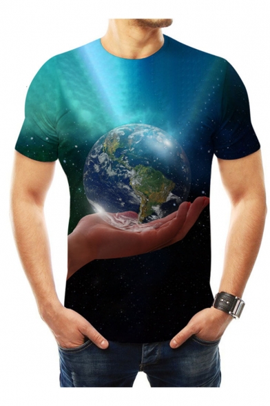 Mens New Trendy Short Sleeve Round Neck 3D Earth Hand Printed Blue T Shirt