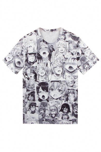 Mens New Trendy Short Sleeve Round Neck Ahegao Comic Printed Black And White T Shirt