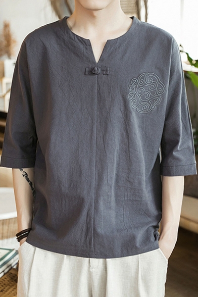 Mens Summer Retro Chinese Style Half Sleeve Embroidery Print Linen Loose T-Shirt