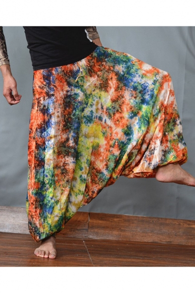 National Style Orange Tie Dyeing Printed Baggy Drop-Crotch Harem Pants for Men