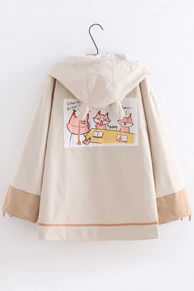 New Arrival Cute Fox Printed Loose Cuffs Khaki Hooded Zipper Jacket Coat with Pocket