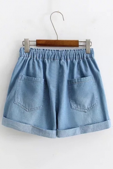 New Arrival Drawstring Cord Rolled Hem Cat Embroidered Loose Holiday Denim Shorts