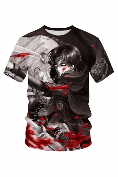 New Arrival Mens Short Sleeve Round Neck Blood Comic Figure Printed Grey T-Shirt