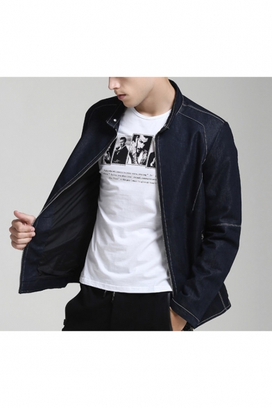 New Arrival Popular Plain Stand Collar Long Sleeve Zip Up Fitted Black Denim Jacket