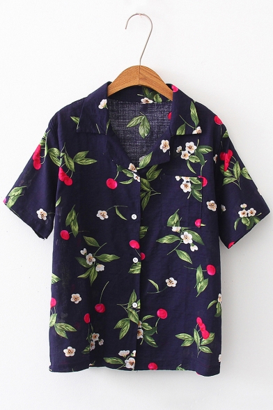 New Arrival Short Sleeve Lapel Collar Cherry Floral Printed Button Down Loose Shirt