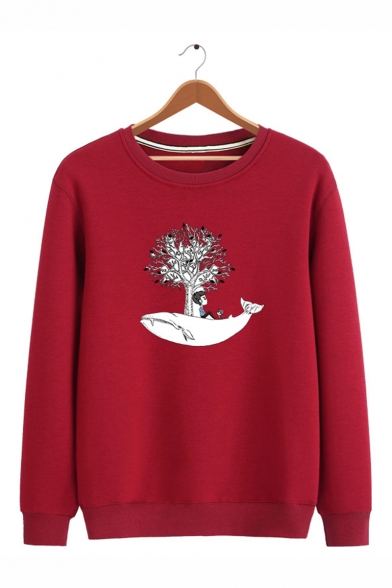 New Arrival Stylish Cartoon Shark Tree Boy Printed Round Neck Long Sleeve Unisex Casual Pullover Sweatshirts
