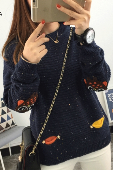 New Arrival Womens Lovely Owls Print Round Neck Crop Sleeve Ribbed Knitted Sweater